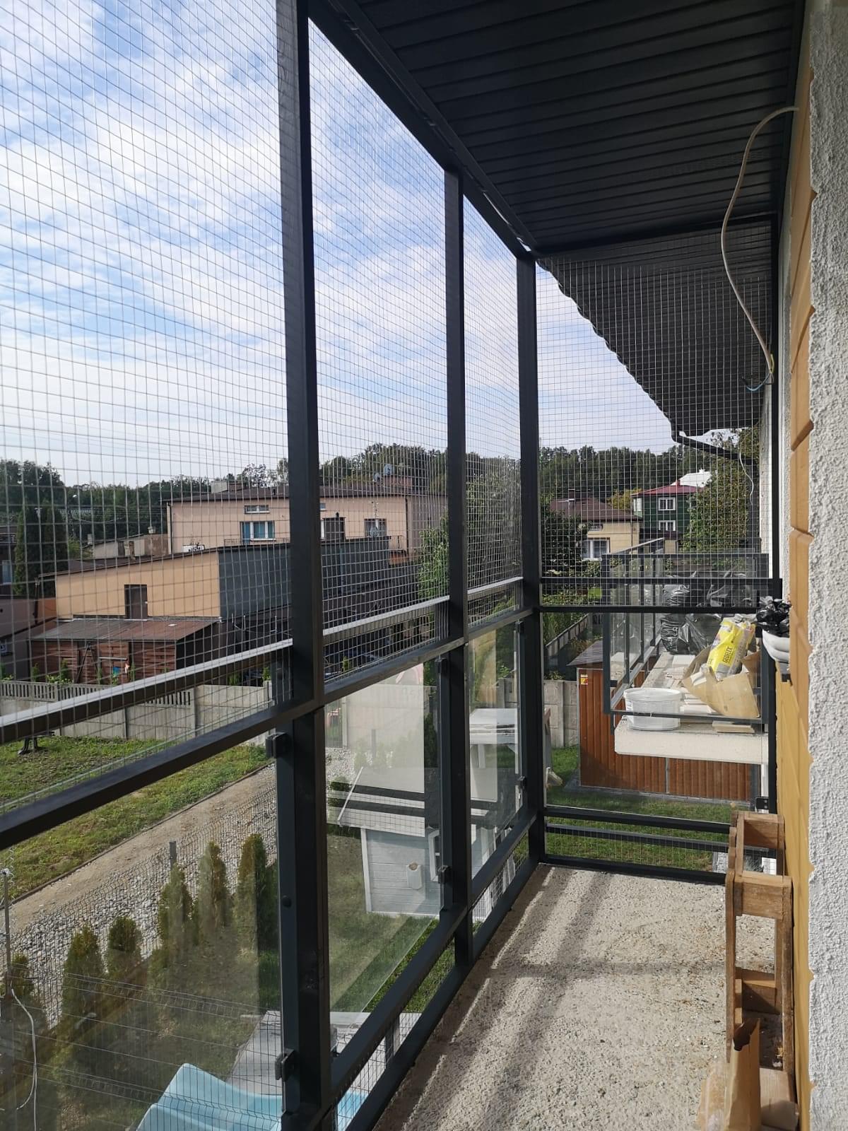 kot wspinający się po słupku we wnętrzu woliery