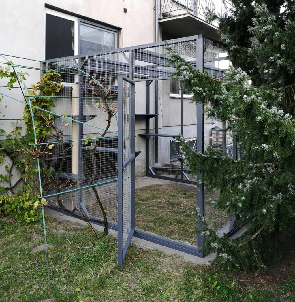 mała woliera dolegająca do okna z kotami w środku