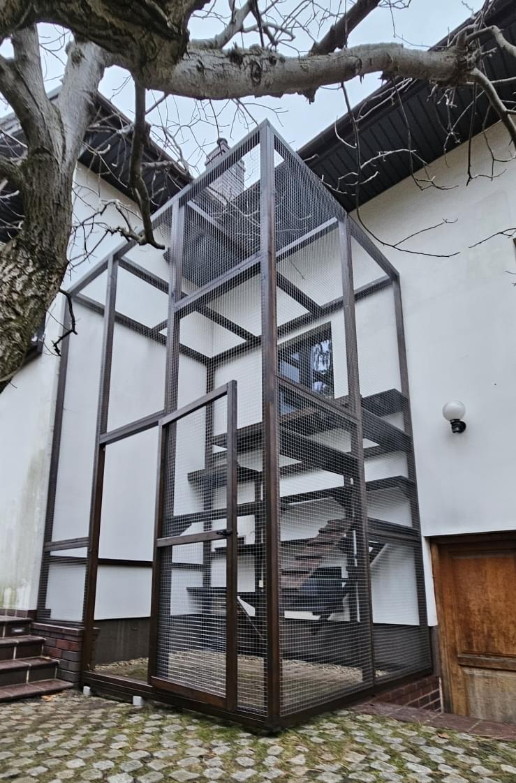 zdjęcie kotiery wysyłkowej stojącej w ogrodzie na trawie na tle drzew